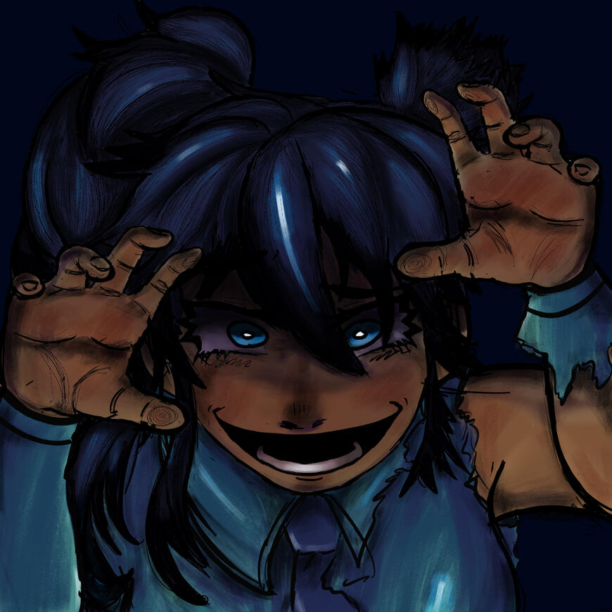 Fully rendered portrait with complex shading and simple background