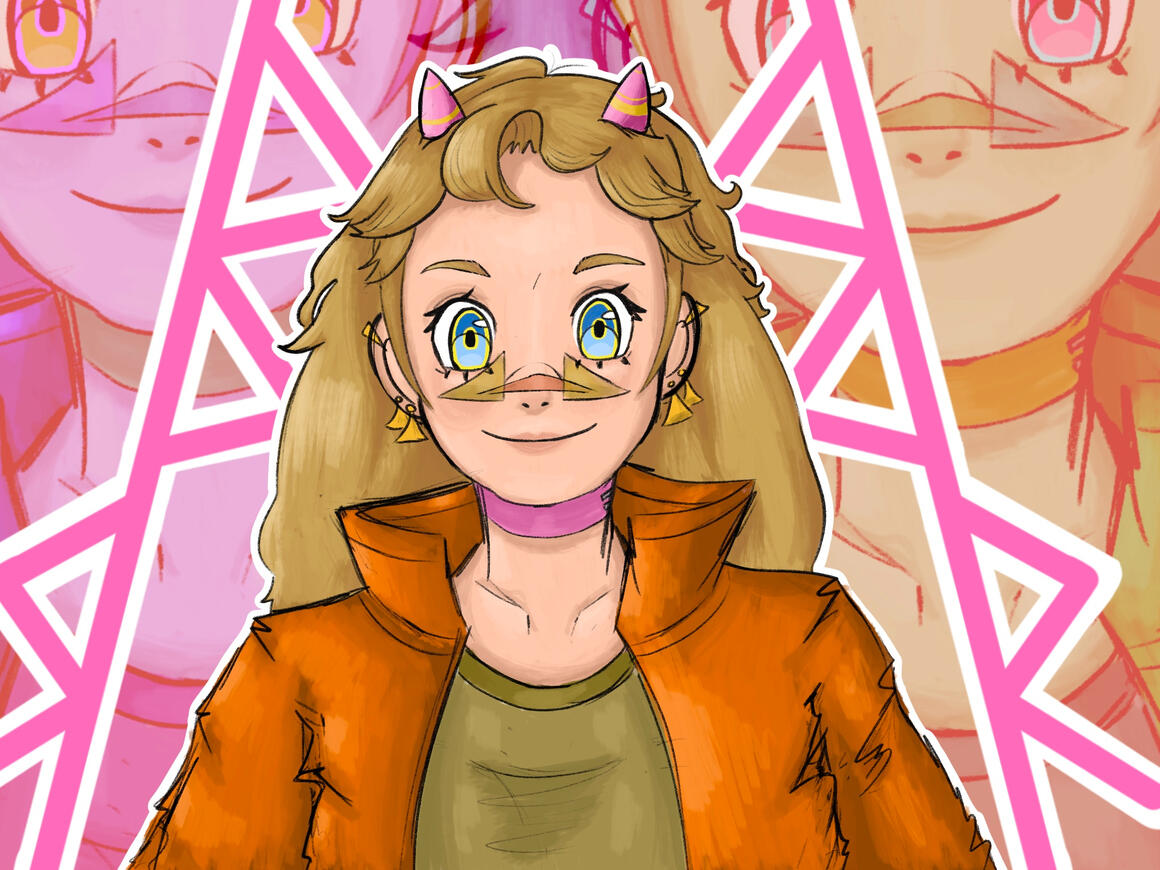 Simply rendered portrait with complex background